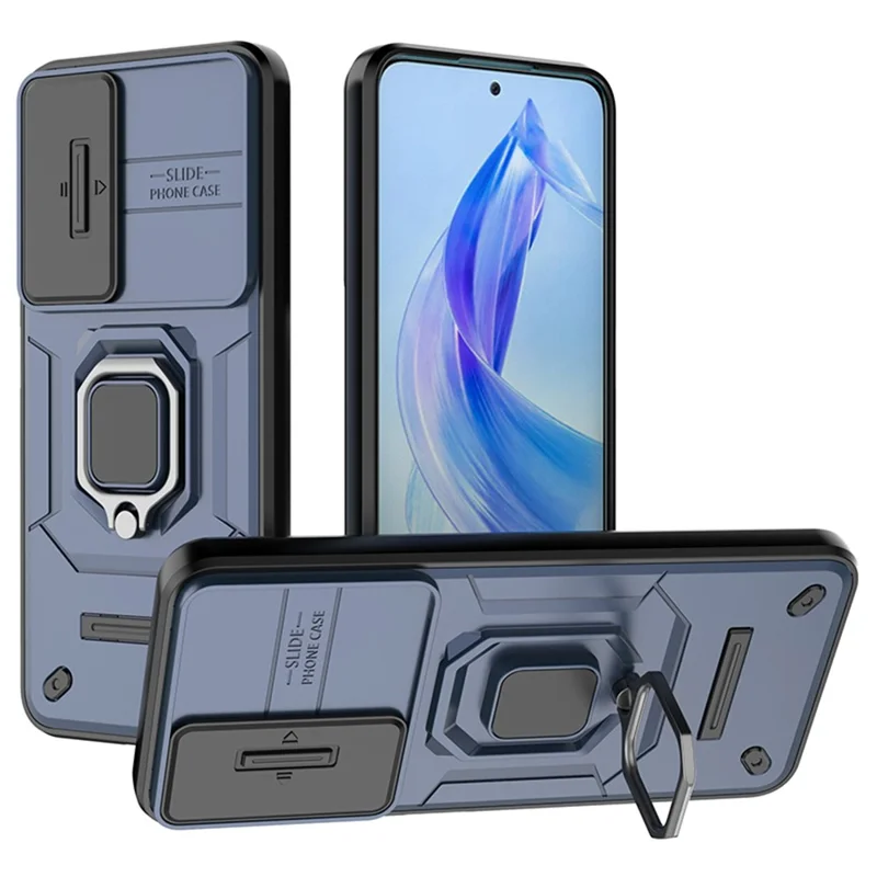 For Honor 90 Lite 5G / X50i 5G Case PC+TPU Slide Camera Lid Phone Cover with Kickstand - Blue