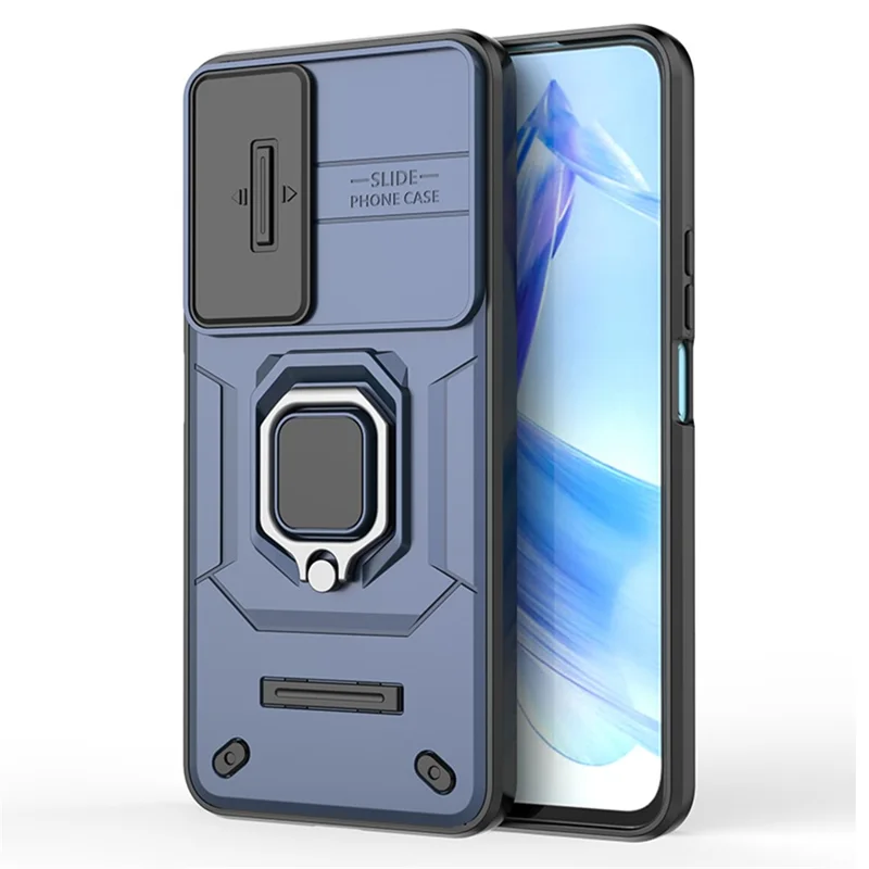 For Honor 90 Lite 5G / X50i 5G Case PC+TPU Slide Camera Lid Phone Cover with Kickstand - Blue