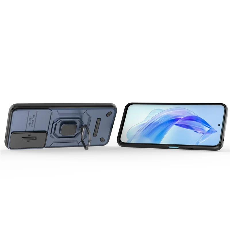 For Honor 90 Lite 5G / X50i 5G Case PC+TPU Slide Camera Lid Phone Cover with Kickstand - Blue