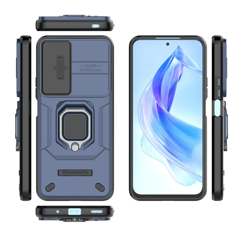For Honor 90 Lite 5G / X50i 5G Case PC+TPU Slide Camera Lid Phone Cover with Kickstand - Blue