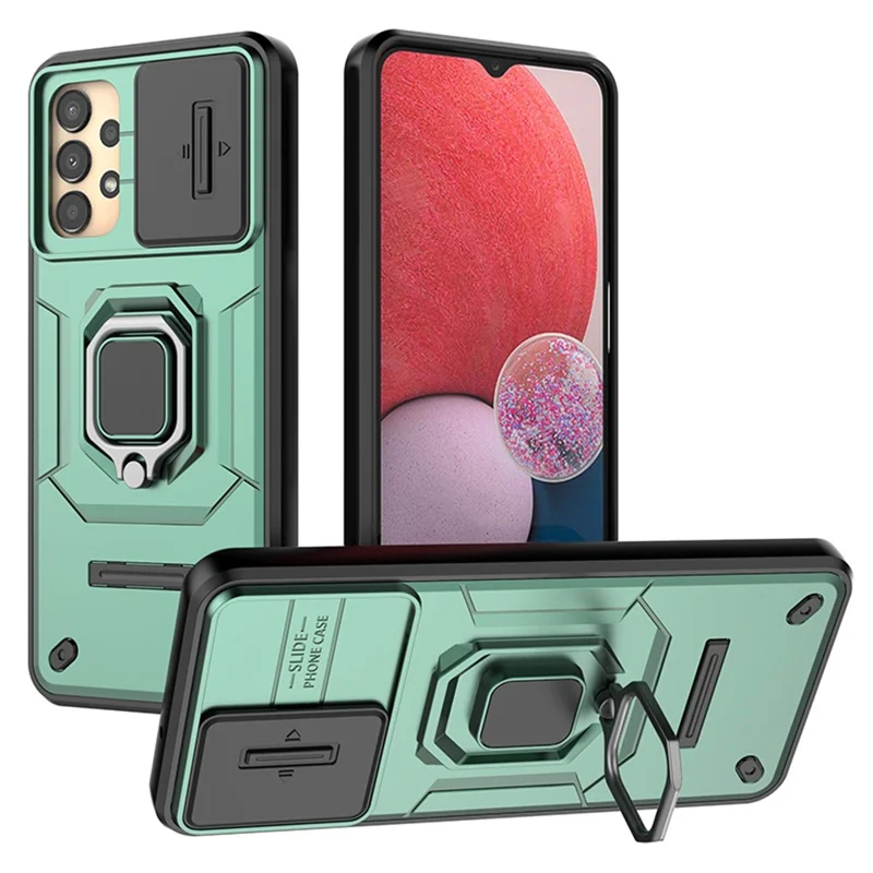 For Samsung Galaxy A13 4G / 5G Case PC+TPU Kickstand Phone Cover with Slide Camera Lid - Green