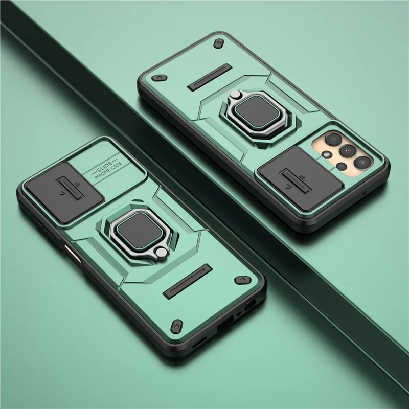 For Samsung Galaxy A13 4G / 5G Case PC+TPU Kickstand Phone Cover with Slide Camera Lid - Green