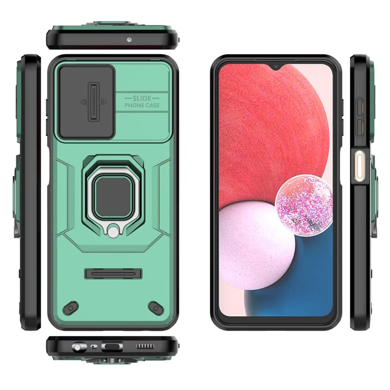 For Samsung Galaxy A13 4G / 5G Case PC+TPU Kickstand Phone Cover with Slide Camera Lid - Green