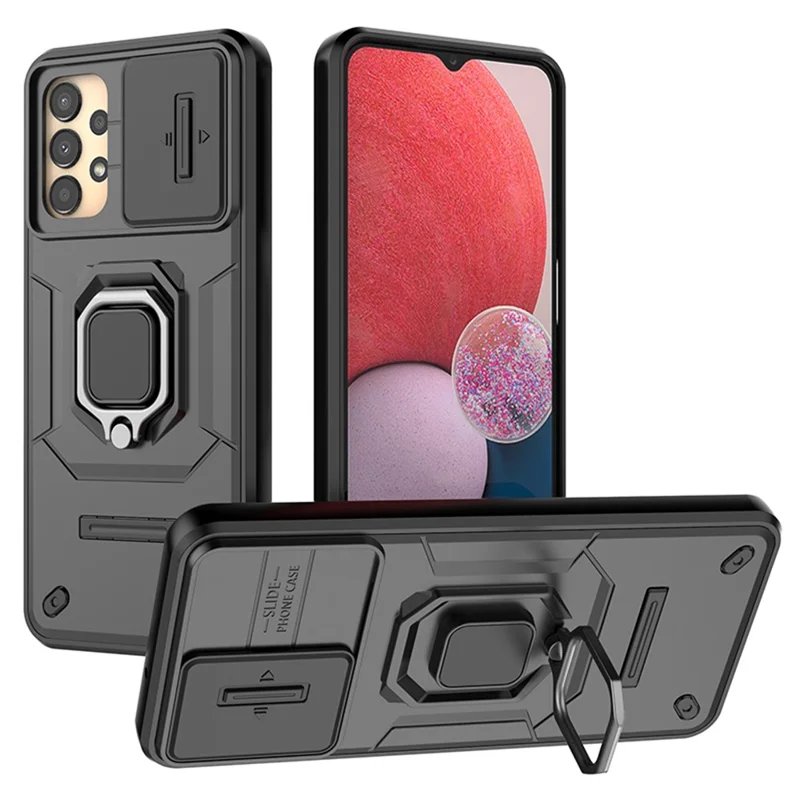 For Samsung Galaxy A13 4G / 5G Case PC+TPU Kickstand Phone Cover with Slide Camera Lid - Black