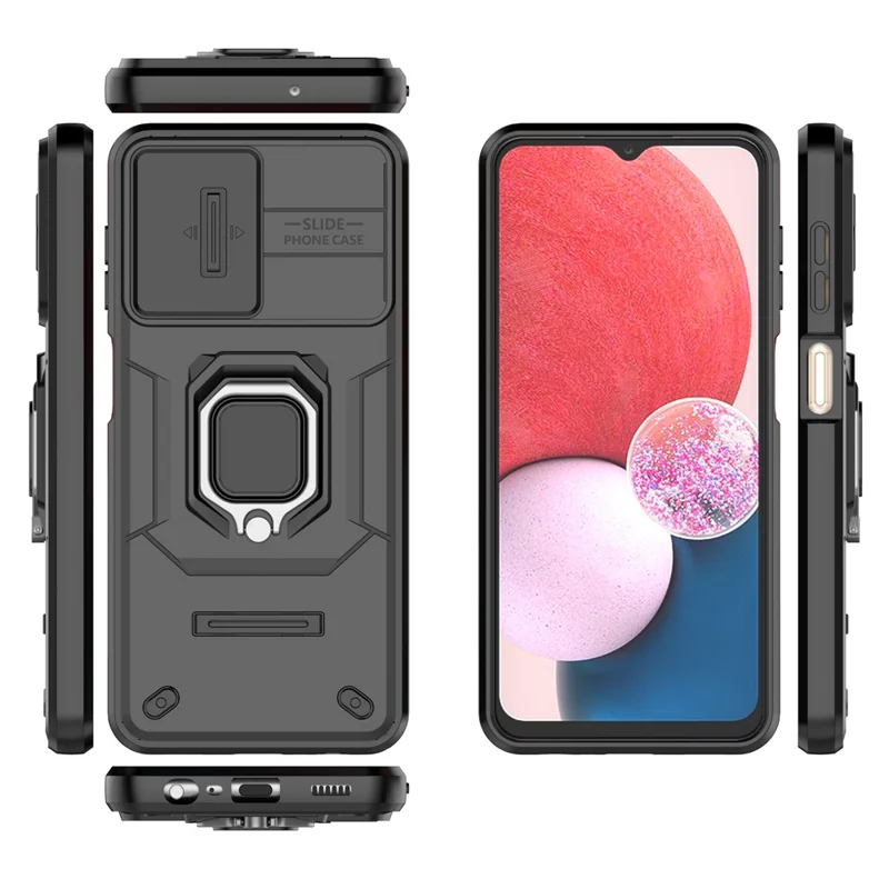 For Samsung Galaxy A13 4G / 5G Case PC+TPU Kickstand Phone Cover with Slide Camera Lid - Black