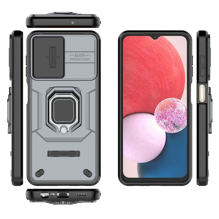 Für Samsung Galaxy A13 4G / 5G Hülle PC+TPU Ständer Handyhülle mit Schiebe-Kamera-Deckel - Grau