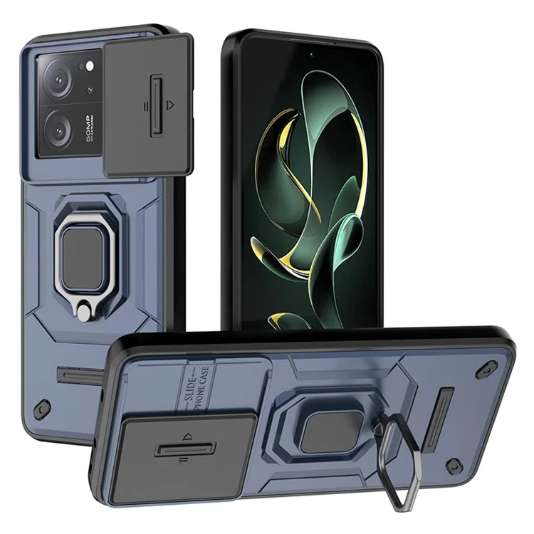 Für Xiaomi Redmi K60 Ultra / 13T / 13T Pro Rückabdeckung Schiebe-Objektivdeckel PC+TPU Ständer Handyhülle - Blau