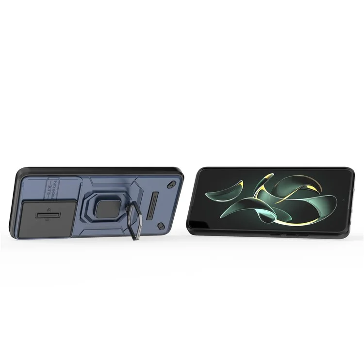 Für Xiaomi Redmi K60 Ultra / 13T / 13T Pro Rückabdeckung Schiebe-Objektivdeckel PC+TPU Ständer Handyhülle - Blau