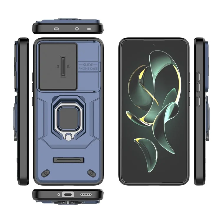 Für Xiaomi Redmi K60 Ultra / 13T / 13T Pro Rückabdeckung Schiebe-Objektivdeckel PC+TPU Ständer Handyhülle - Blau