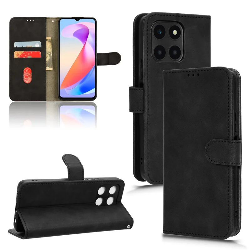 Funda para teléfono For Honor X6a 4G con piel suave y función de cartera con soporte - Negro