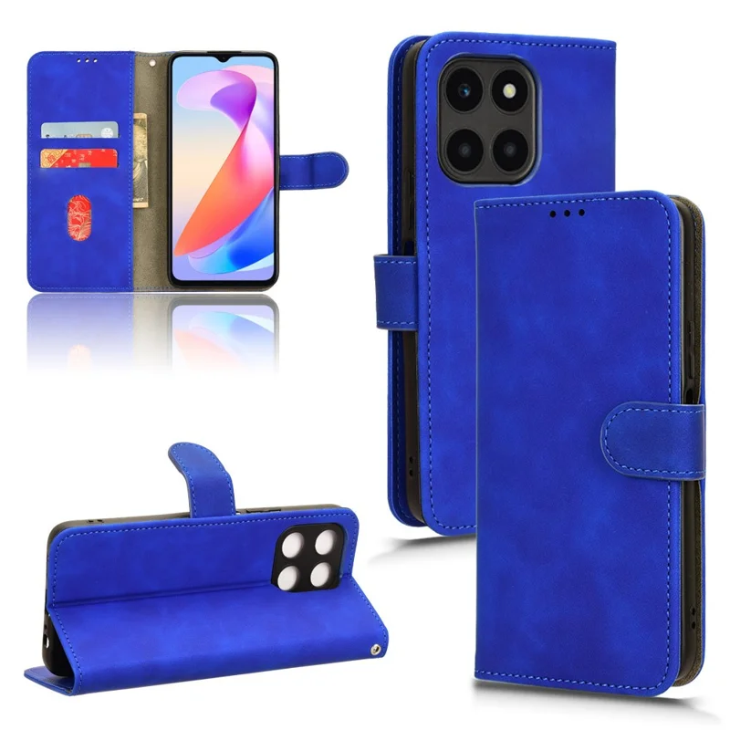 For Honor X6a 4G Case Skin-touch Leather Phone Cover with Wallet Stand - Blue