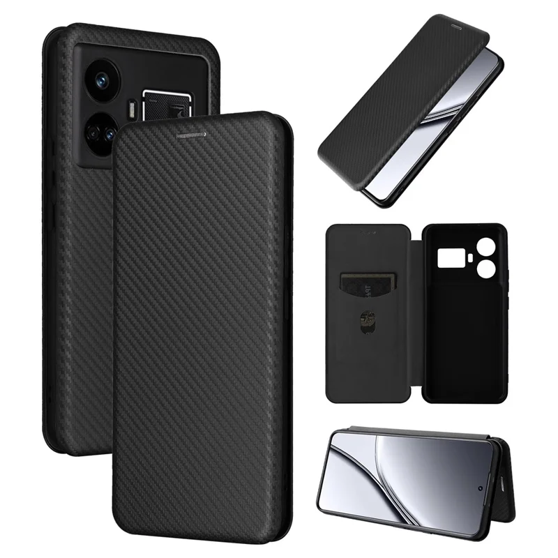 For Realme GT5 5G Case Shockproof Cell Phone Cover Leather Stand Shell with Card Slot - Black