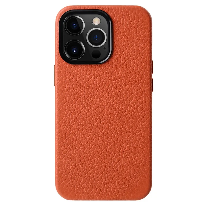 MELKCO For iPhone 15 Pro Max Case Anti-scratch Genuine Cow Leather+PC Magnetic Phone Cover - Orange