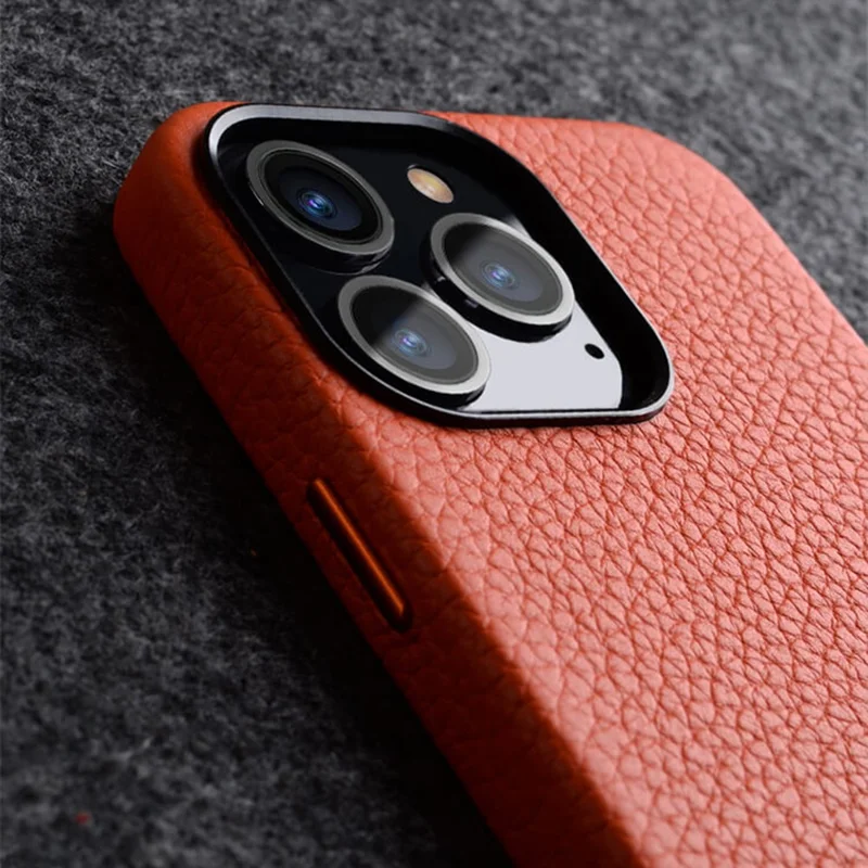 MELKCO For iPhone 15 Pro Max Case Anti-scratch Genuine Cow Leather+PC Magnetic Phone Cover - Orange