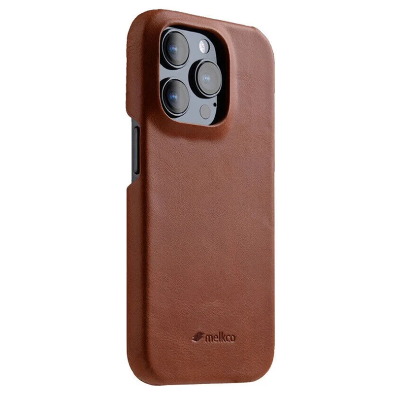 MELKCO Para iPhone 15 Pro Max Estuche de Cuero Genuino Vacuno Encerado + Cubierta de Teléfono Incompleta de PC - Marrón