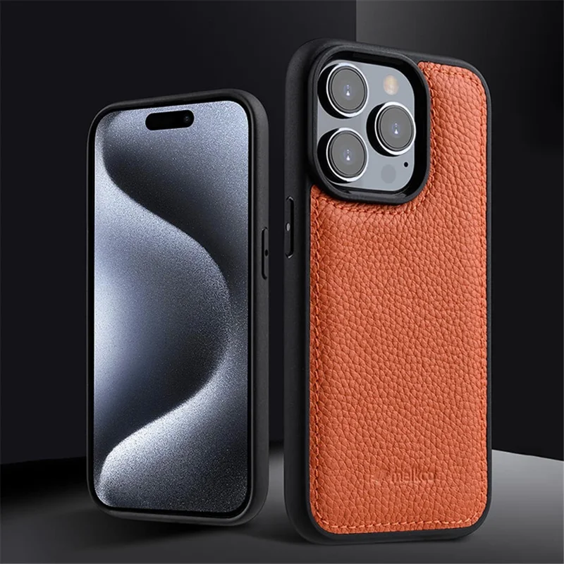 MELKCO voor iPhone 15 Pro Max hoesje Echt koeienleren met PC-achterkant met telefoonhoes - Oranje