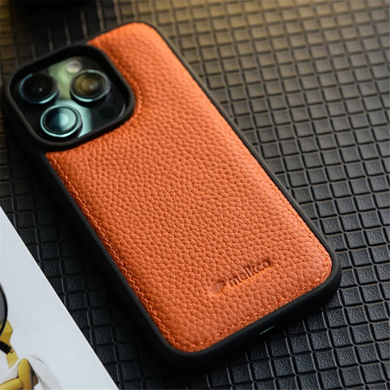 MELKCO voor iPhone 15 Pro Max hoesje Echt koeienleren met PC-achterkant met telefoonhoes - Oranje