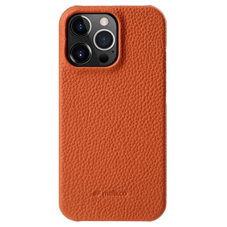 MELKCO For iPhone 15 Pro Case Anti-scratch Genuine Cow Leather+PC Magnetic Phone Cover - Orange