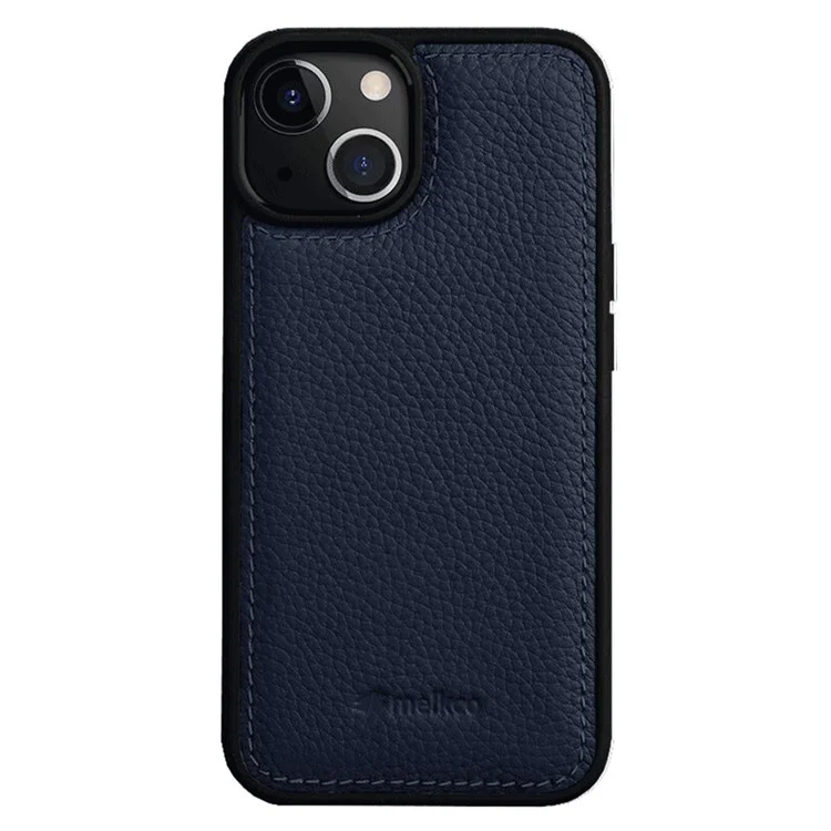 MELKCO Para iPhone 14 Case Drop Proof Genuine Cow Leather+PC Phone Cover - Azul Escuro