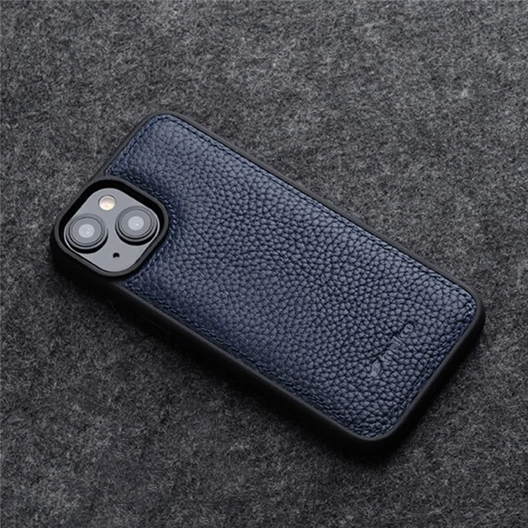 MELKCO Para iPhone 14 Case Drop Proof Genuine Cow Leather+PC Phone Cover - Azul Escuro