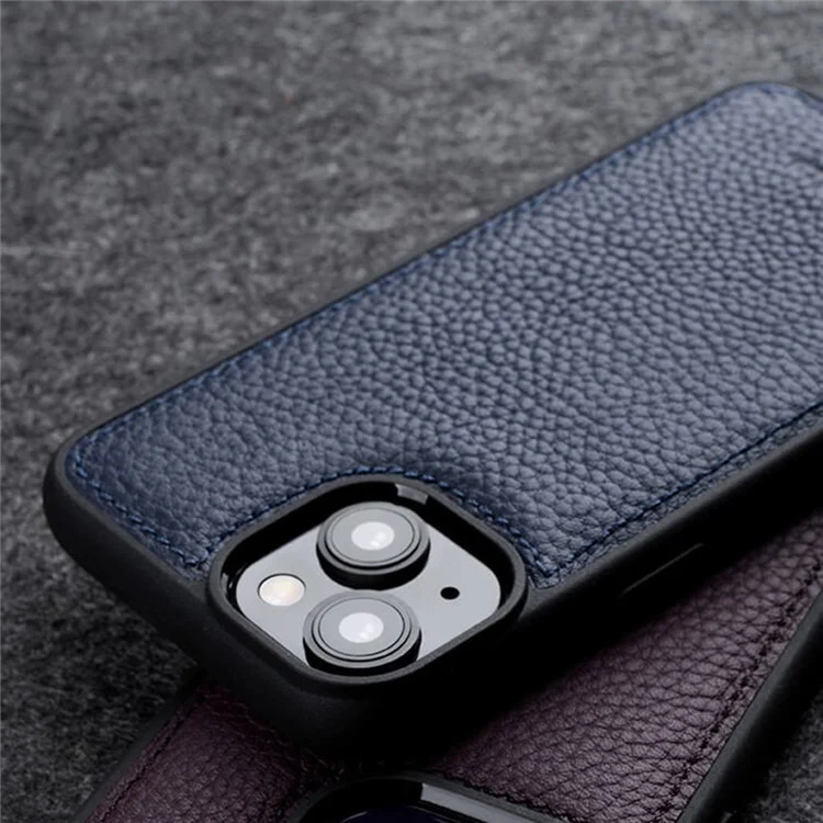 MELKCO Para iPhone 14 Case Drop Proof Genuine Cow Leather+PC Phone Cover - Azul Escuro