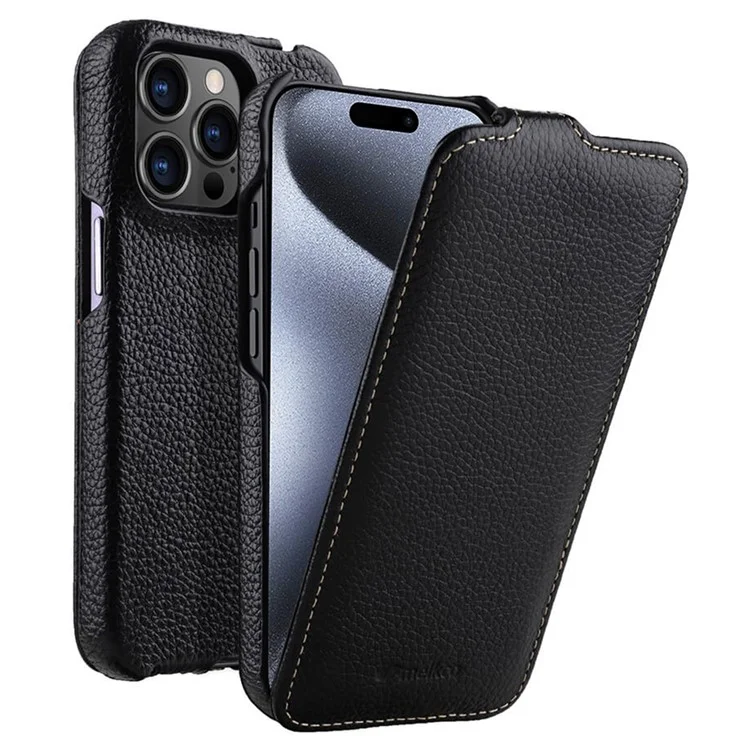 MELKCO For iPhone 15 Pro Max Case Litchi Texture Genuine Cow Leather+PC Vertical Flip Cover - Black