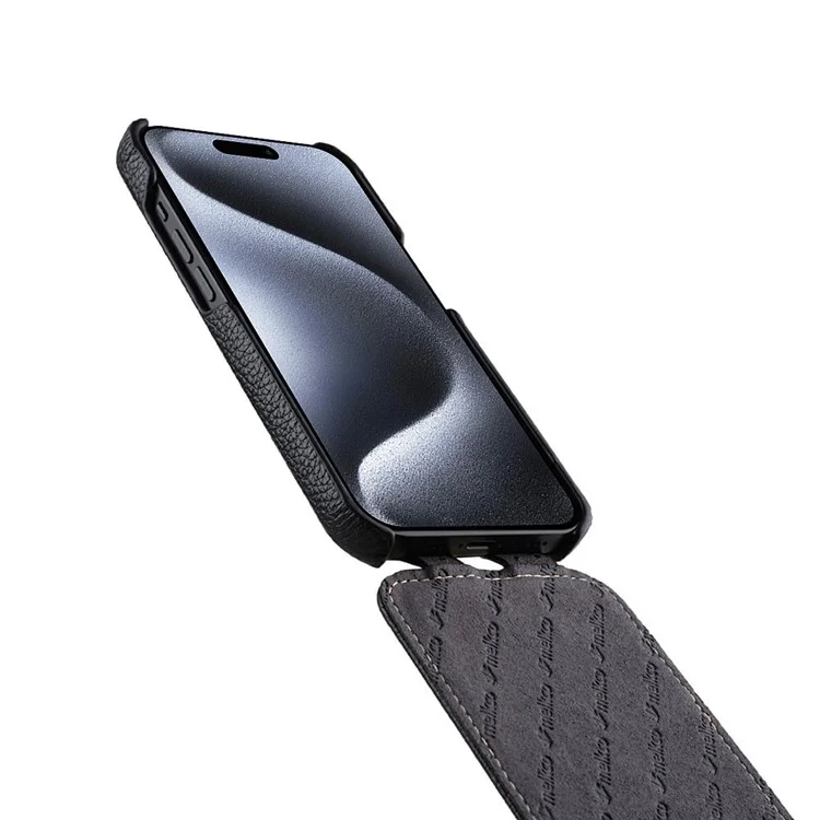 MELKCO For iPhone 15 Pro Max Case Litchi Texture Genuine Cow Leather+PC Vertical Flip Cover - Black