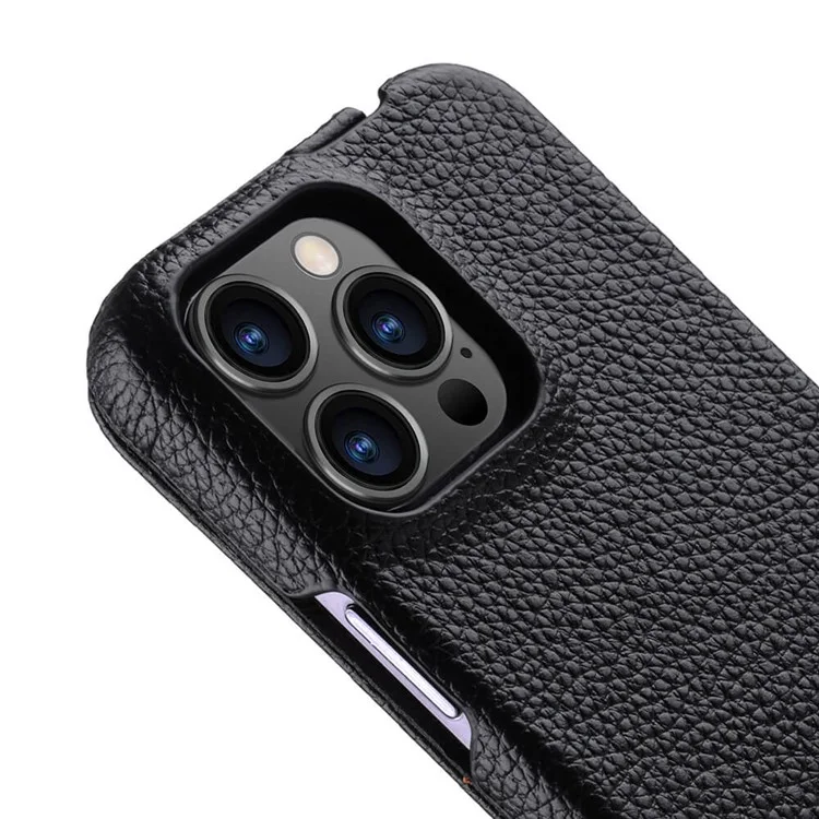 MELKCO For iPhone 15 Pro Max Case Litchi Texture Genuine Cow Leather+PC Vertical Flip Cover - Black