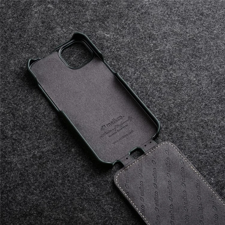 MELKCO For iPhone 15 Pro Max Case Litchi Texture Genuine Cow Leather+PC Vertical Flip Cover - Black