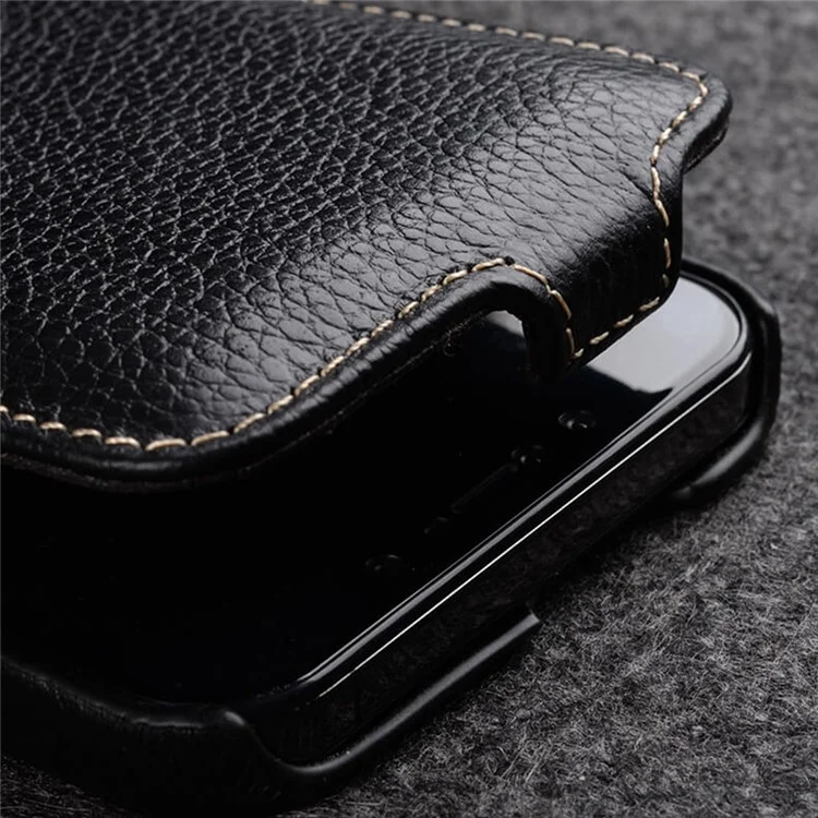 MELKCO For iPhone 15 Pro Max Case Litchi Texture Genuine Cow Leather+PC Vertical Flip Cover - Black
