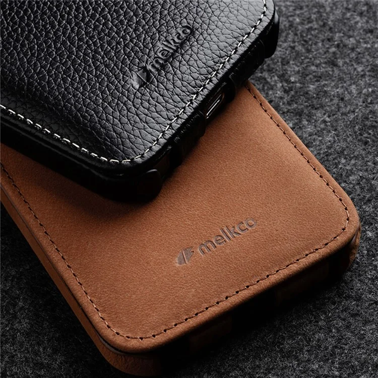 MELKCO For iPhone 15 Pro Max Case Litchi Texture Genuine Cow Leather+PC Vertical Flip Cover - Black