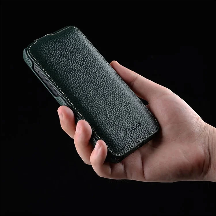 MELKCO For iPhone 15 Pro Max Case Litchi Texture Genuine Cow Leather+PC Vertical Flip Cover - Black