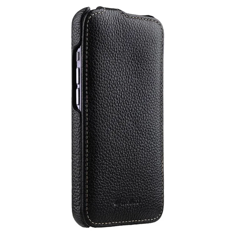 MELKCO For iPhone 15 Pro Max Case Litchi Texture Genuine Cow Leather+PC Vertical Flip Cover - Black