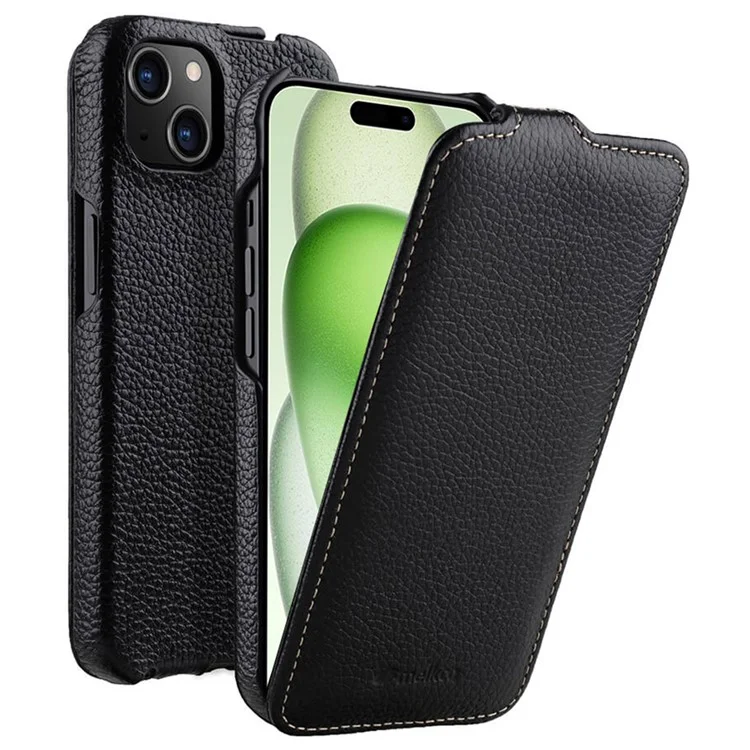 MELKCO For iPhone 15 Case Anti-drop Vertical Flip Genuine Cow Leather+PC Cover - Black