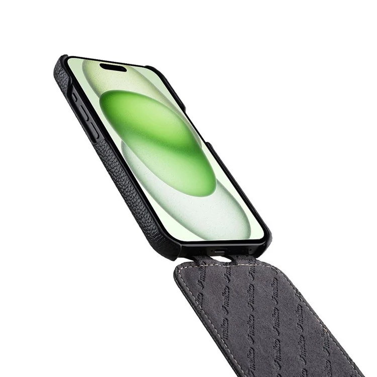 MELKCO For iPhone 15 Case Anti-drop Vertical Flip Genuine Cow Leather+PC Cover - Black
