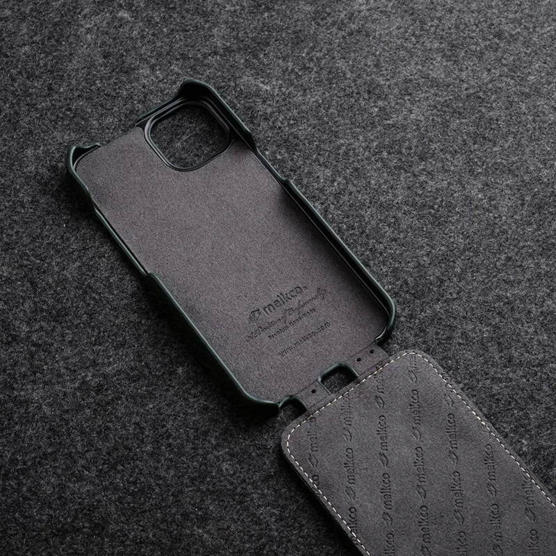 MELKCO For iPhone 15 Plus Case Vertical Flip Genuine Cow Leather+PC Shockproof Cover - Black
