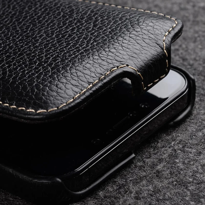MELKCO For iPhone 15 Plus Case Vertical Flip Genuine Cow Leather+PC Shockproof Cover - Black