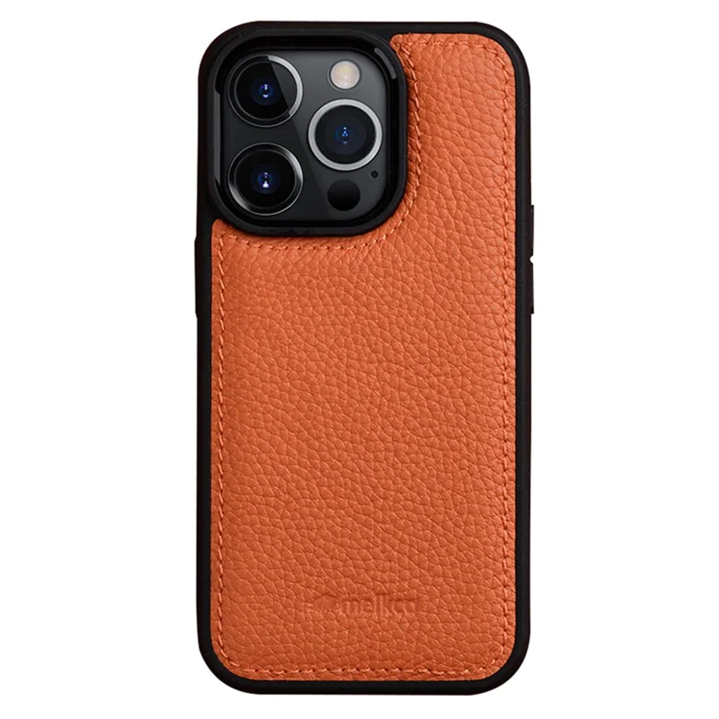 MELKCO per iPhone 15 Pro Case Fall Proof Genuine Cow Leather+PC Phone Cover - Arancione