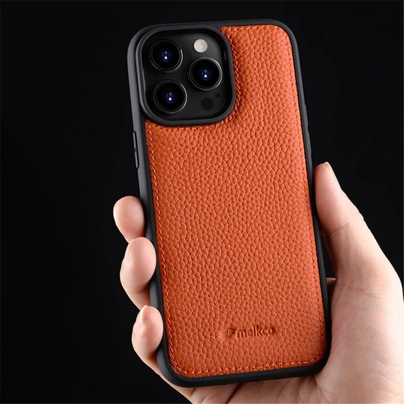 MELKCO per iPhone 15 Pro Case Fall Proof Genuine Cow Leather+PC Phone Cover - Arancione