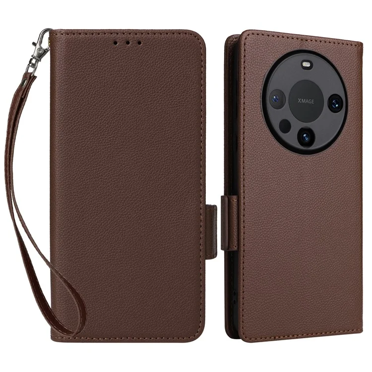 Per Huawei Mate 60 Cover Litchi Texture Wallet Stand Leather Phone Case con Strap - Marrone