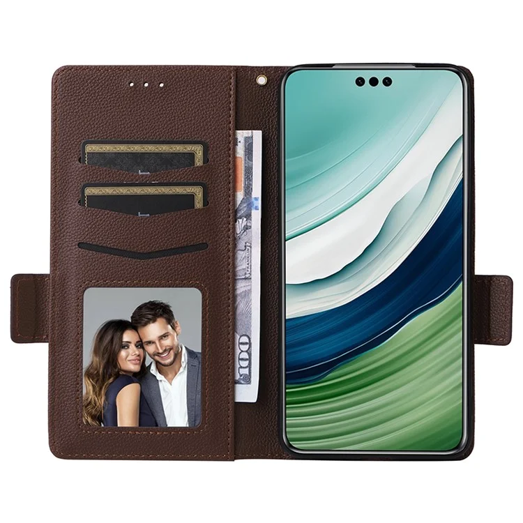 Per Huawei Mate 60 Cover Litchi Texture Wallet Stand Leather Phone Case con Strap - Marrone