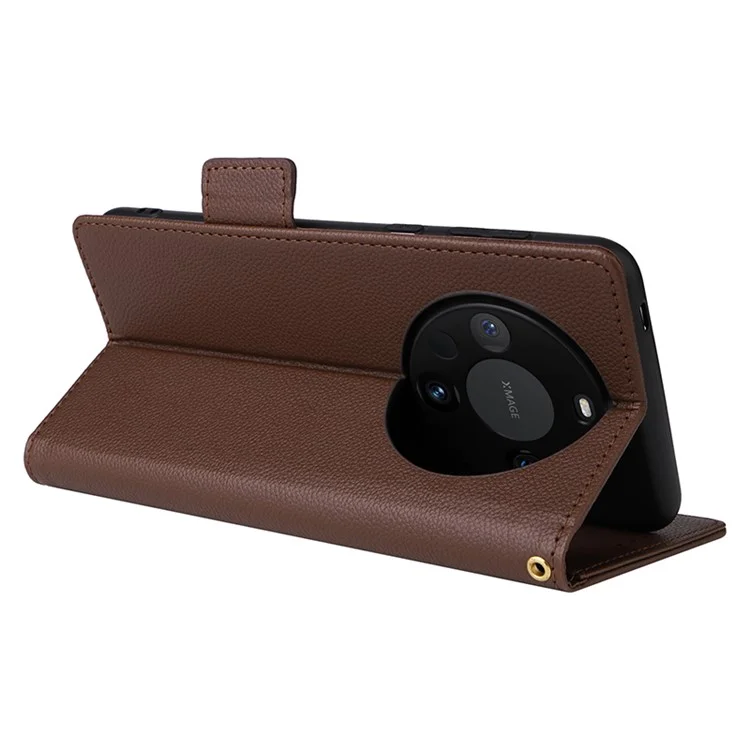 Per Huawei Mate 60 Cover Litchi Texture Wallet Stand Leather Phone Case con Strap - Marrone