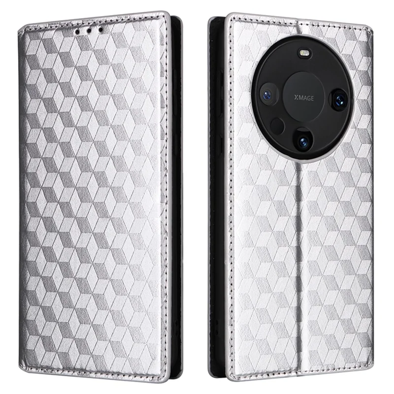 For Huawei Mate 60 Case Rhombus Imprinted PU Leather Wallet Phone Stand Cover - Silver