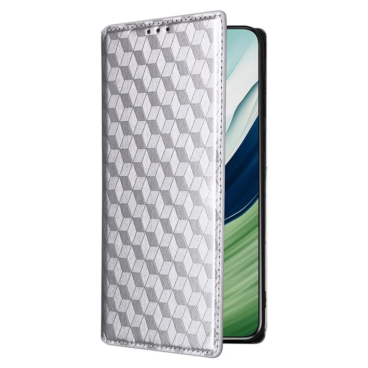For Huawei Mate 60 Case Rhombus Imprinted PU Leather Wallet Phone Stand Cover - Silver
