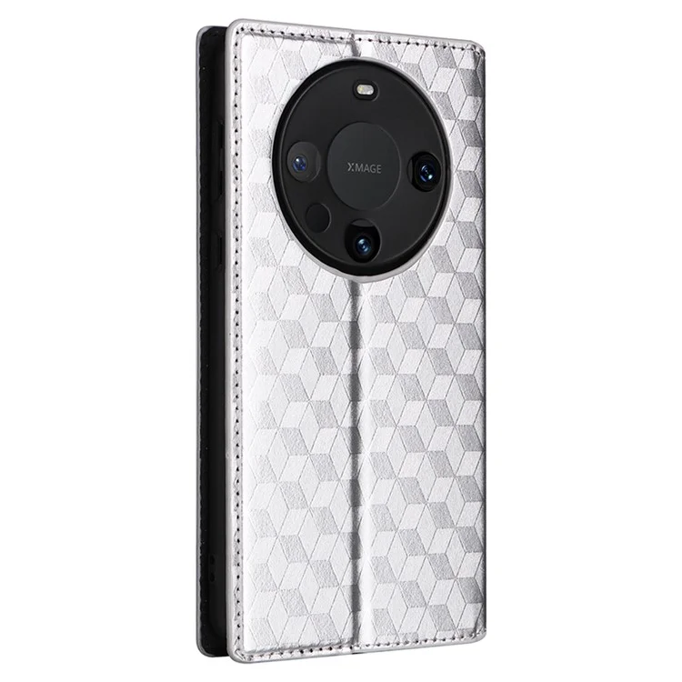 For Huawei Mate 60 Case Rhombus Imprinted PU Leather Wallet Phone Stand Cover - Silver