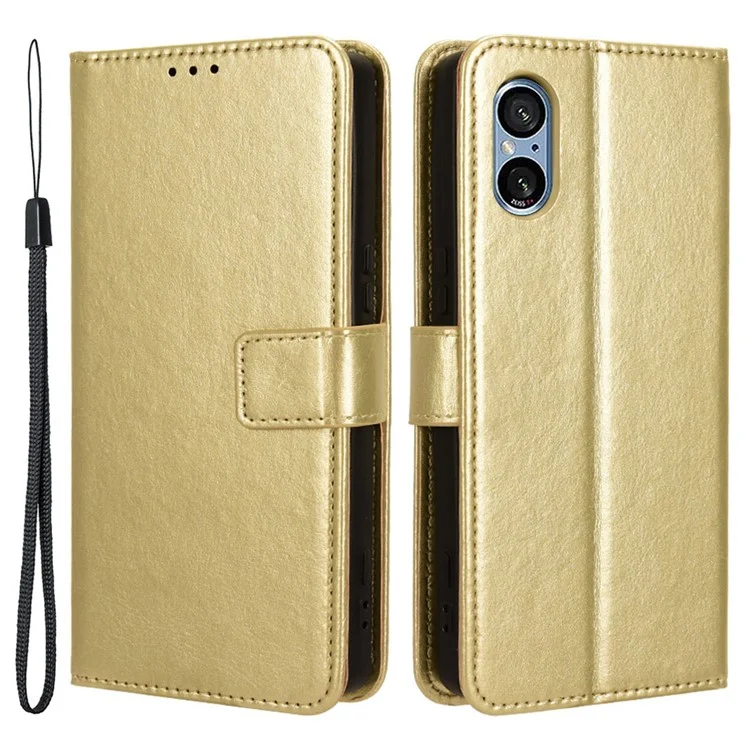 For Sony Xperia 5 V Case Crazy Horse Texture Leather Stand Wallet Full Protection Phone Cover - Gold