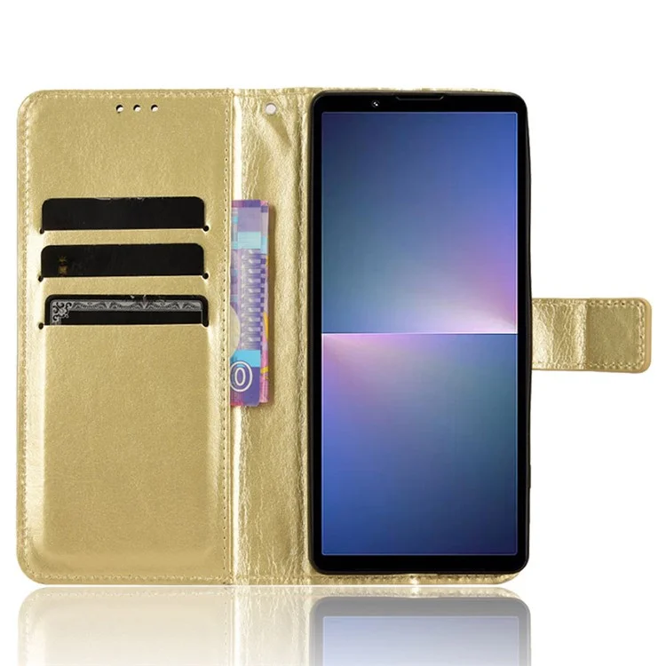 For Sony Xperia 5 V Case Crazy Horse Texture Leather Stand Wallet Full Protection Phone Cover - Gold