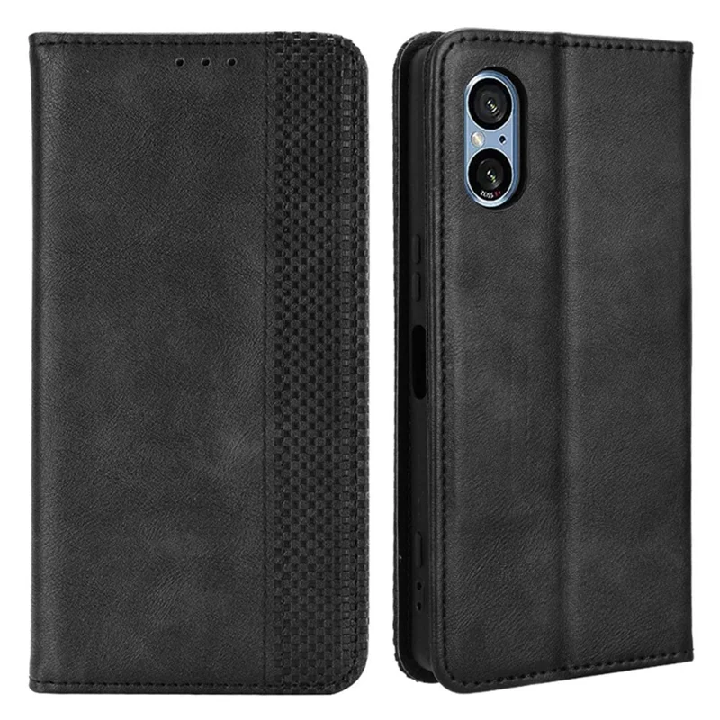 For Sony Xperia 5 V Case Magnetic Closing Retro Leather Wallet Stand Phone Cover - Black