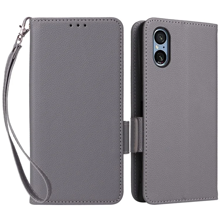 For Sony Xperia 5 V Case Litchi Texture Leather Wallet Cellphone Cover with Strap - Grey