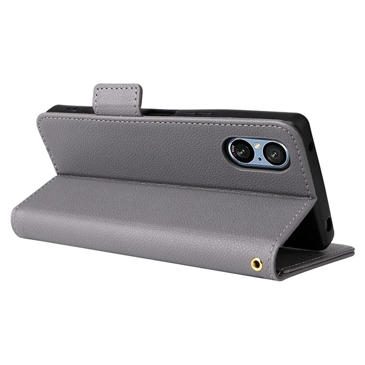 For Sony Xperia 5 V Case Litchi Texture Leather Wallet Cellphone Cover with Strap - Grey